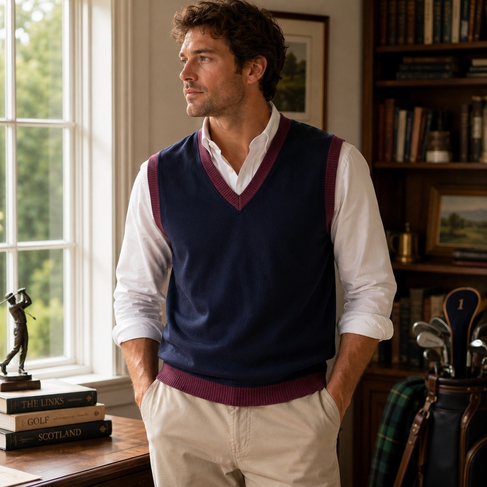 Slazenger Vintage Navy Blue Cotton‎ V-Neck Sweater Vest XXL Burgundy Trim Golf